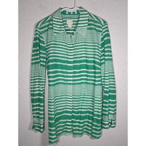 Chico’s Emerald Green/White Striped 100% Cotton Button Down Shirt Size 2 (large)